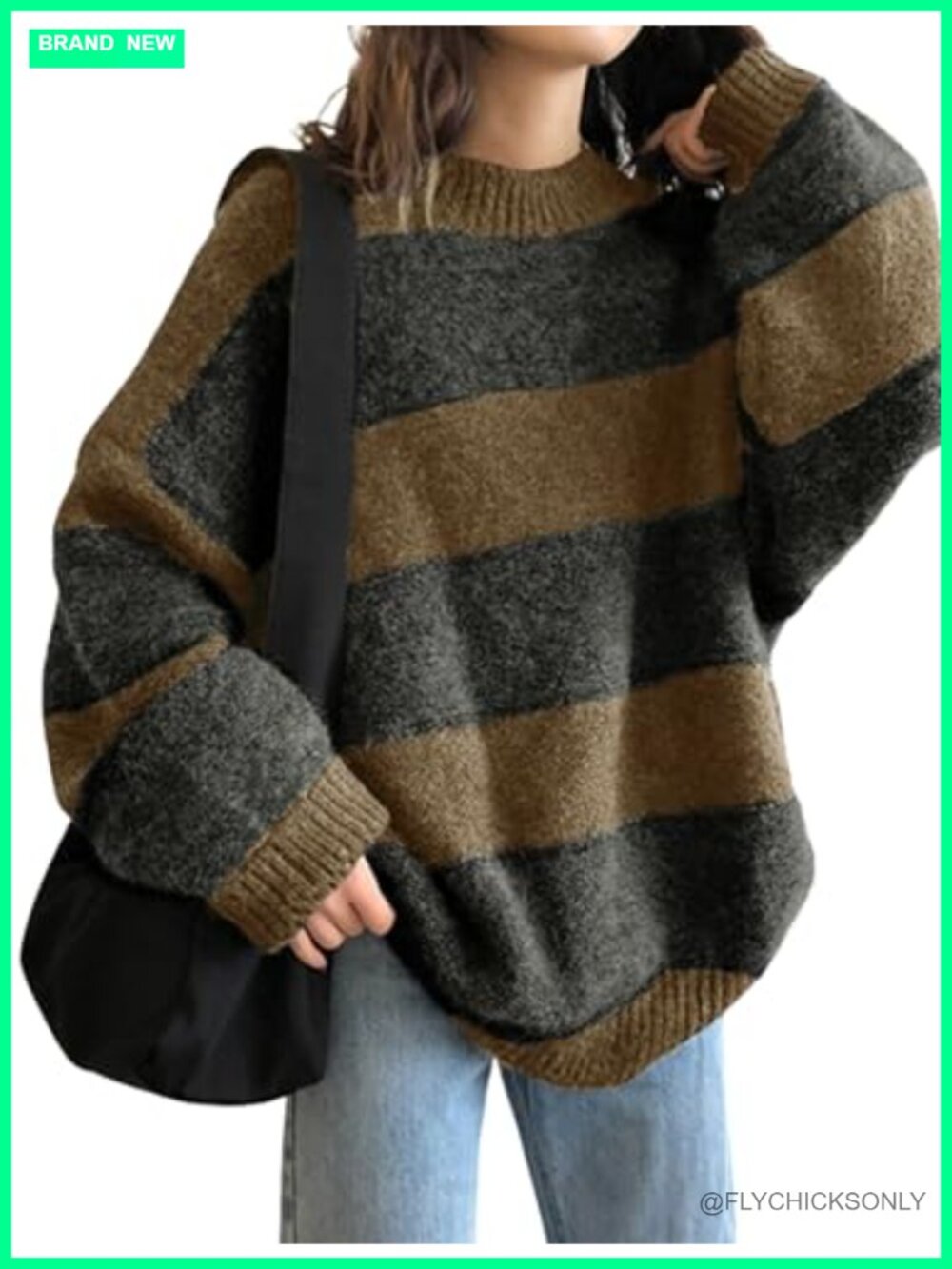 Oversized Striped Crewneck Pullover Sweater Long Sleeve Knit Top